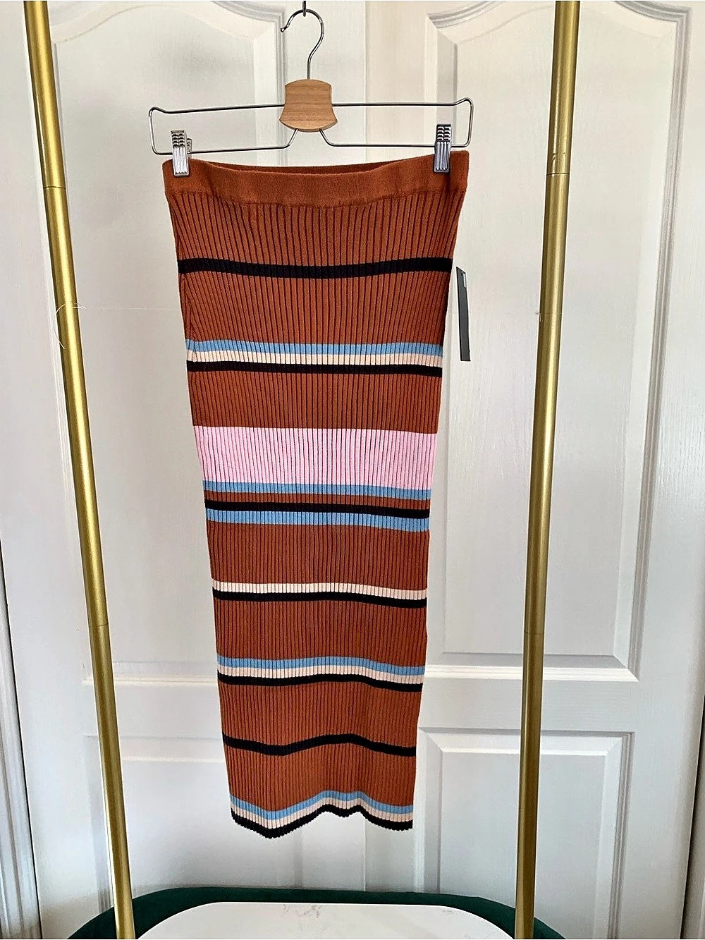 Nine West Striped Ribbed Midi Skirt in Brown & Pink, Blue - Size Large - new